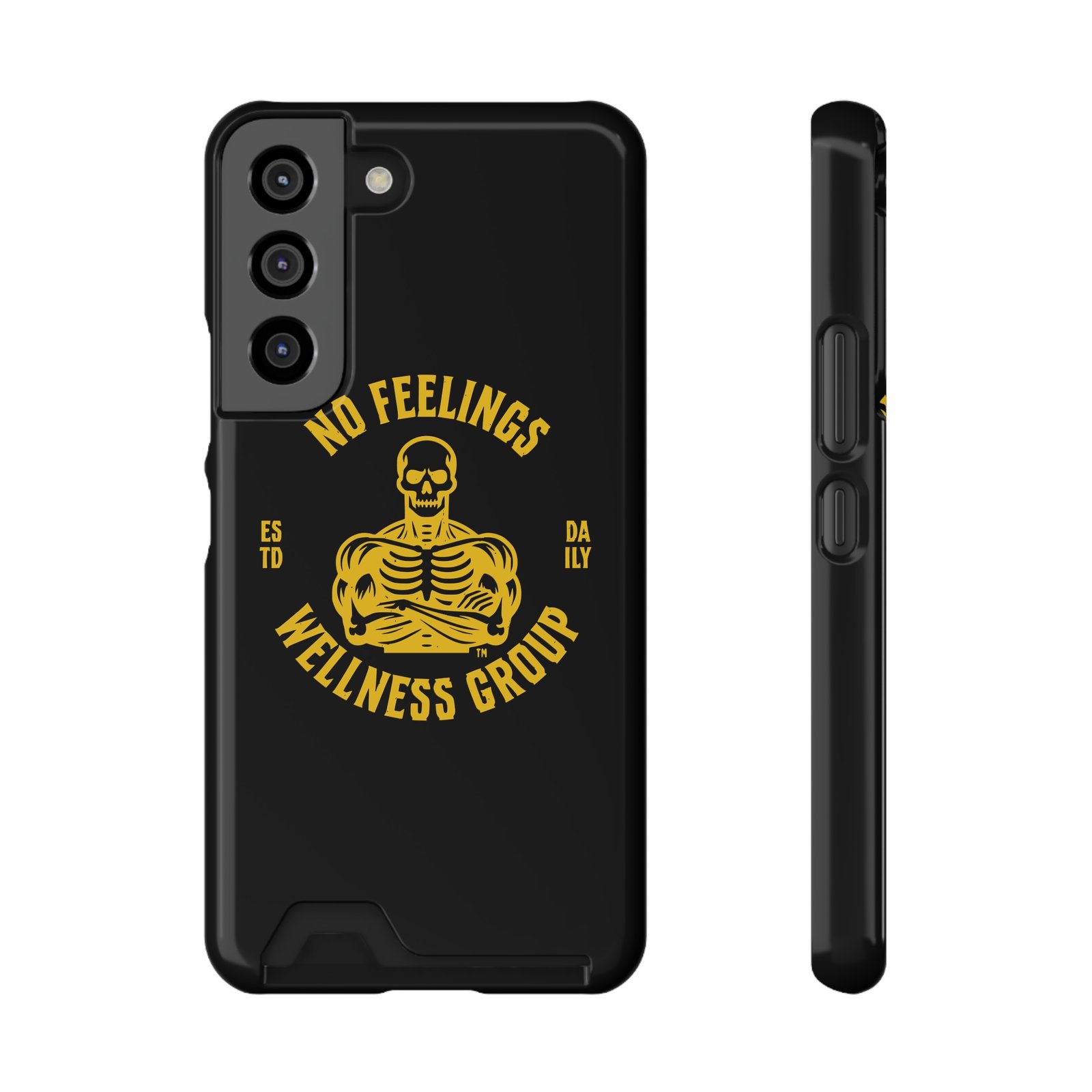 Fitness-Themed Phone Case with Card Holder – ‘No Feelings Wellness Group’